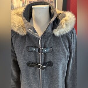 Gray Hooded Women's Coat with Faux Fur Trim